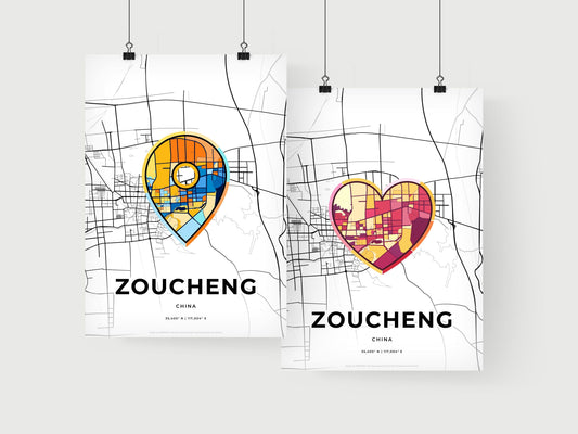 ZOUCHENG CHINA minimal art map with a colorful icon. Where it all began, Couple map gift.