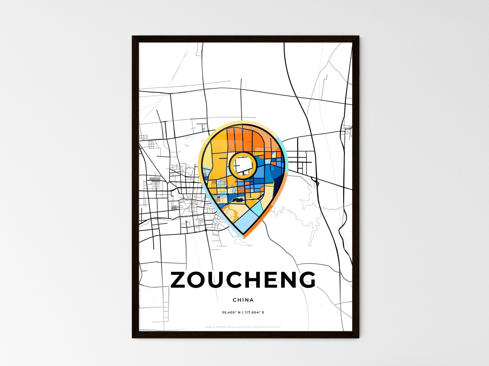 ZOUCHENG CHINA minimal art map with a colorful icon. Where it all began, Couple map gift. Style 1