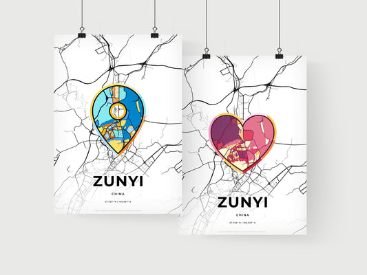 ZUNYI CHINA minimal art map with a colorful icon. Where it all began, Couple map gift.