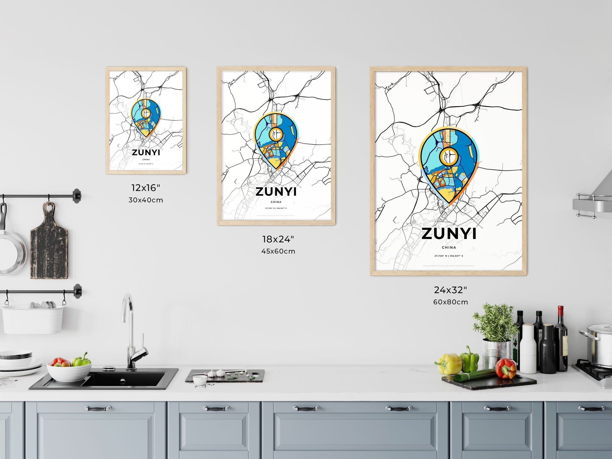 ZUNYI CHINA minimal art map with a colorful icon. Where it all began, Couple map gift.