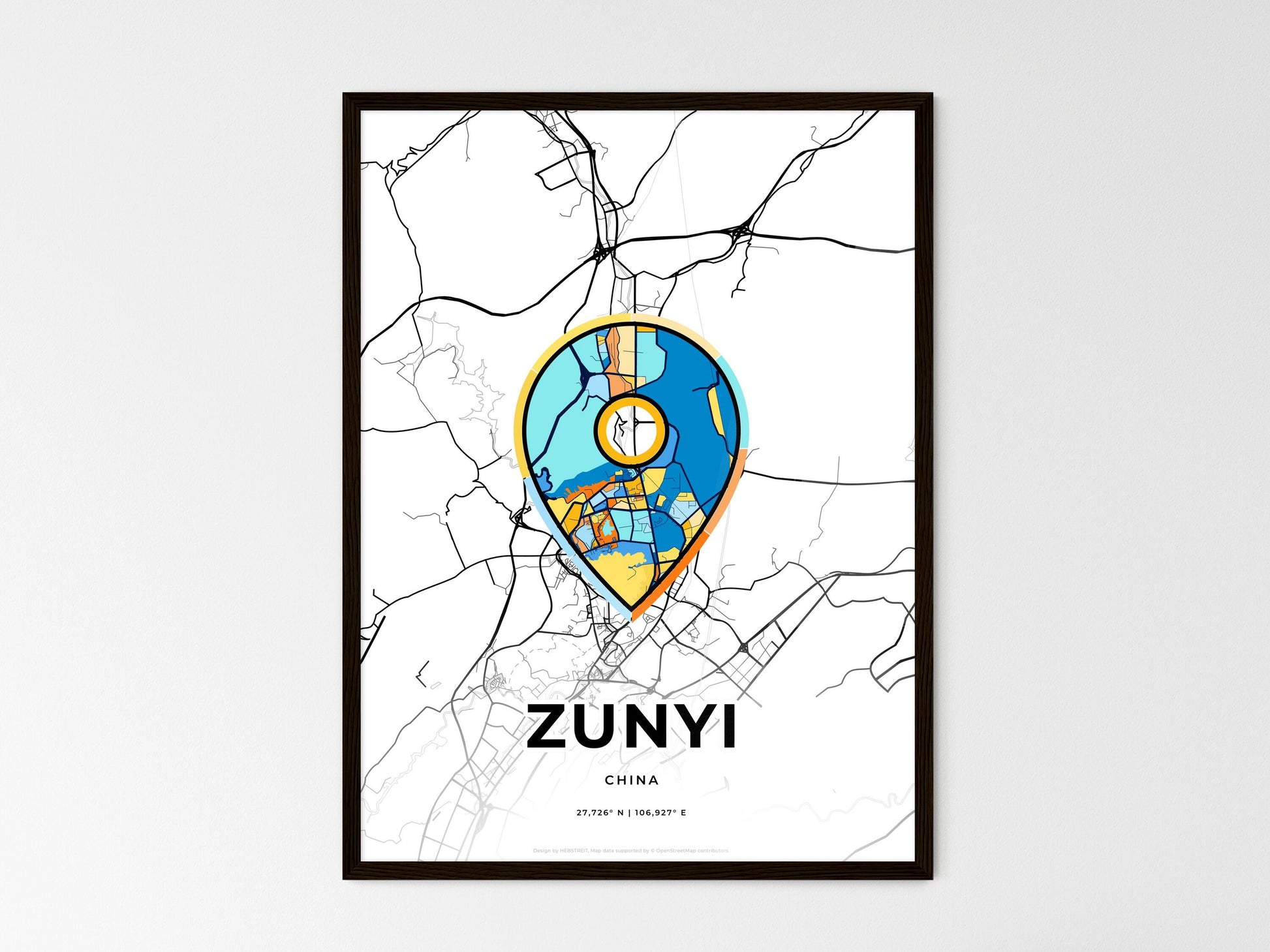 ZUNYI CHINA minimal art map with a colorful icon. Where it all began, Couple map gift. Style 1