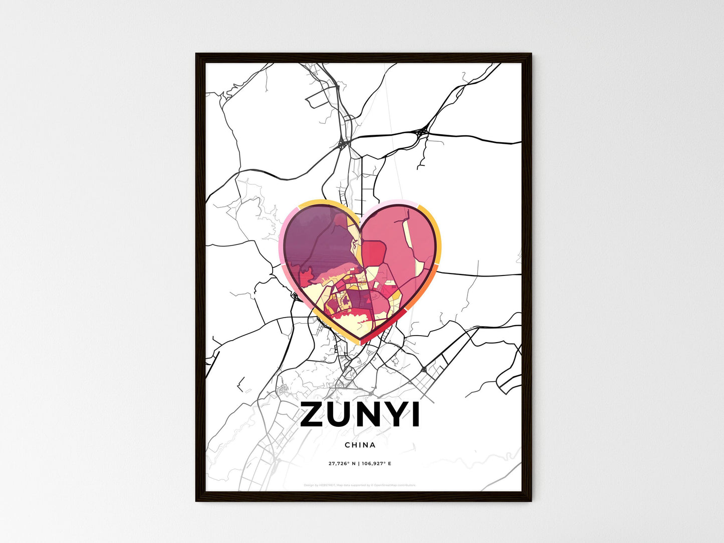 ZUNYI CHINA minimal art map with a colorful icon. Where it all began, Couple map gift. Style 2