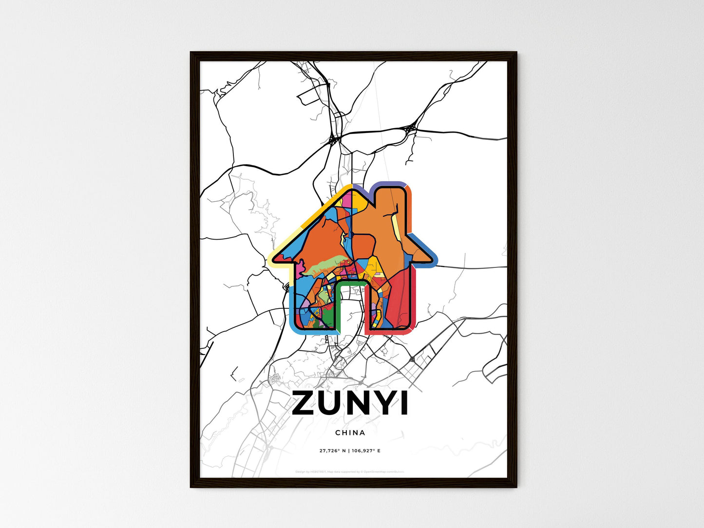 ZUNYI CHINA minimal art map with a colorful icon. Where it all began, Couple map gift. Style 3