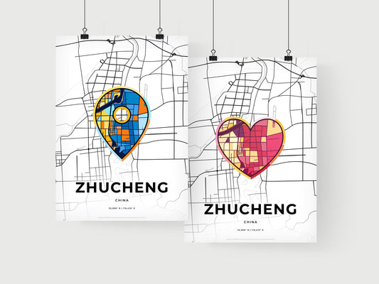 ZHUCHENG CHINA minimal art map with a colorful icon. Where it all began, Couple map gift.