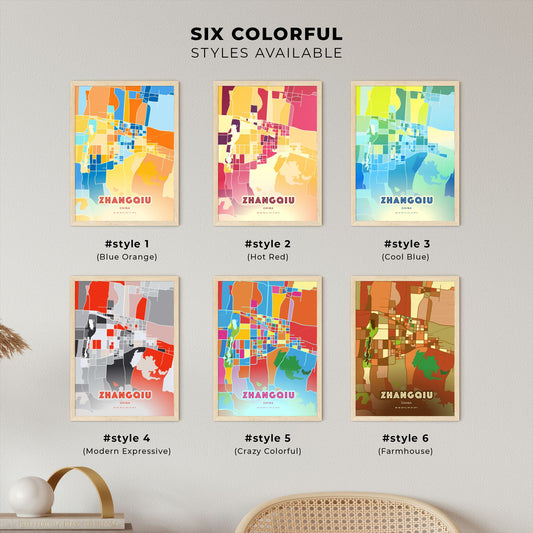 Colorful ZHANGQIU CHINA Fine Art Map Blue Orange