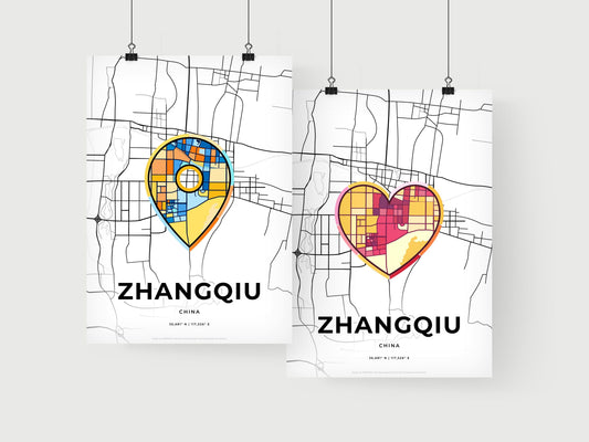 ZHANGQIU CHINA minimal art map with a colorful icon. Where it all began, Couple map gift.