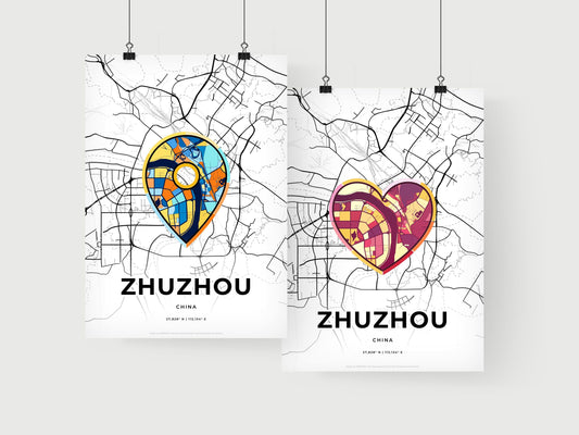 ZHUZHOU CHINA minimal art map with a colorful icon. Where it all began, Couple map gift.