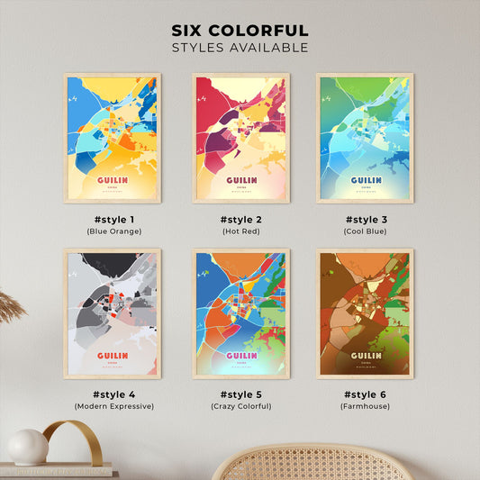 Colorful GUILIN CHINA Fine Art Map Blue Orange