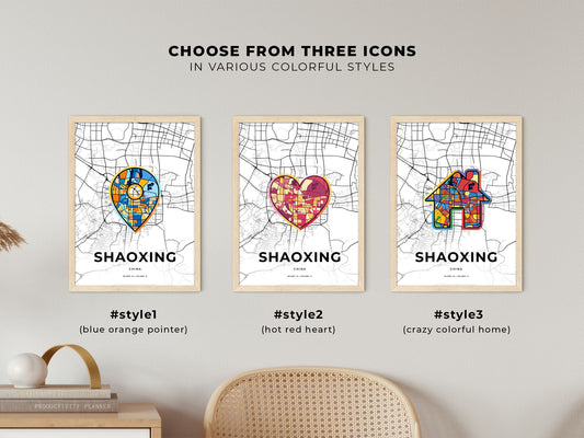 Shaoxing China maps with colorful icons