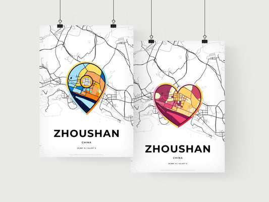 ZHOUSHAN CHINA minimal art map with a colorful icon. Where it all began, Couple map gift.