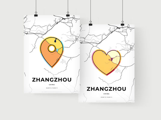ZHANGZHOU CHINA minimal art map with a colorful icon. Where it all began, Couple map gift.