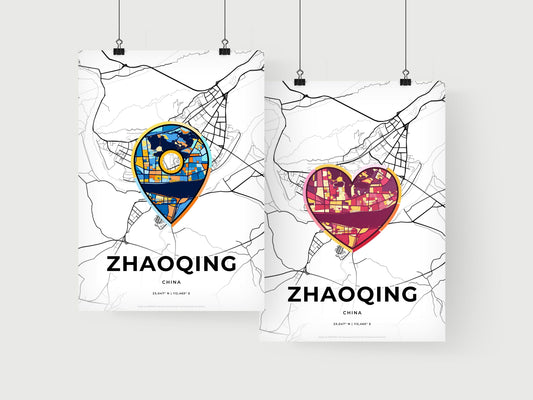 ZHAOQING CHINA minimal art map with a colorful icon. Where it all began, Couple map gift.
