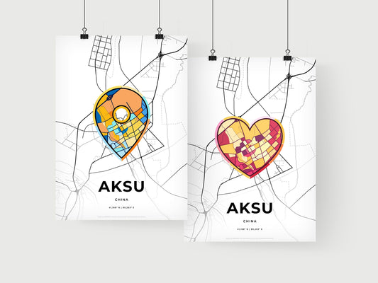 AKSU CHINA minimal art map with a colorful icon. Where it all began, Couple map gift.