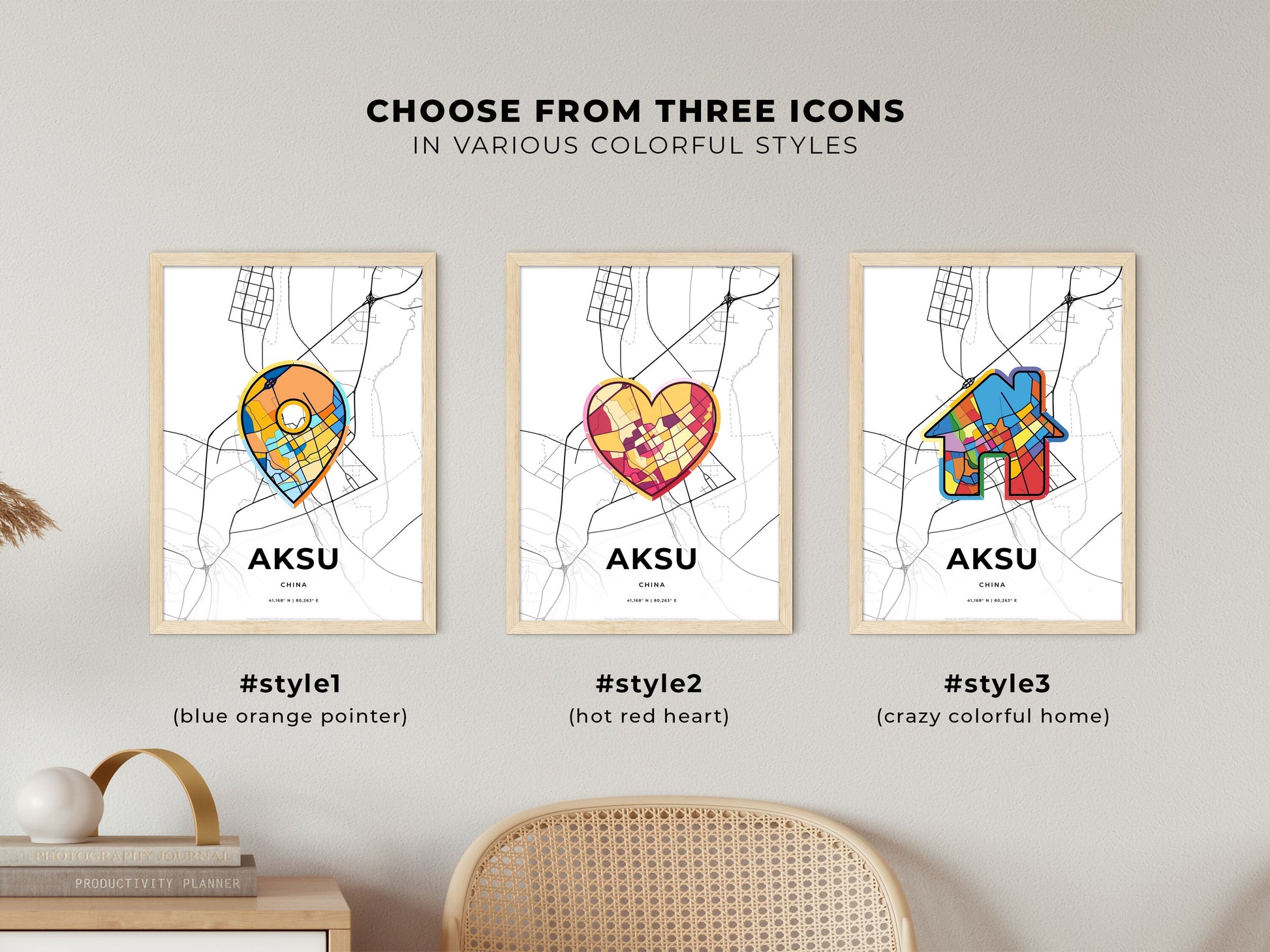 AKSU CHINA minimal art map with a colorful icon. Where it all began, Couple map gift.