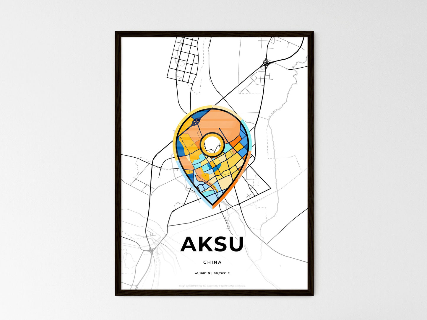 AKSU CHINA minimal art map with a colorful icon. Where it all began, Couple map gift. Style 1