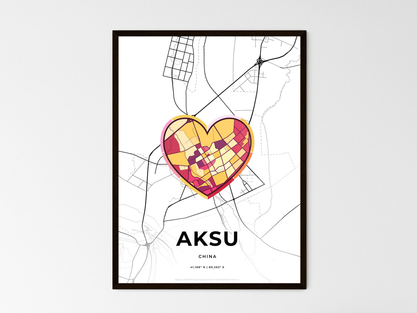 AKSU CHINA minimal art map with a colorful icon. Where it all began, Couple map gift. Style 2