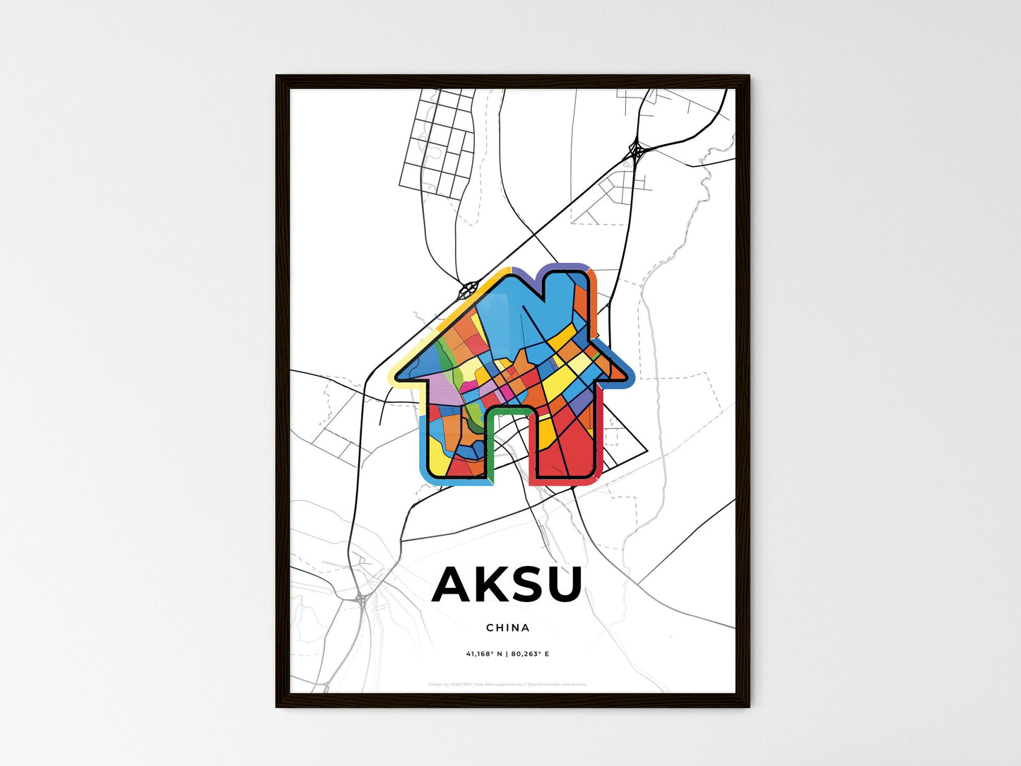 AKSU CHINA minimal art map with a colorful icon. Where it all began, Couple map gift. Style 3
