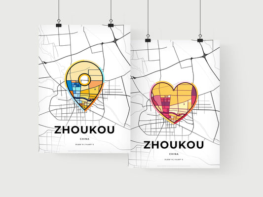 ZHOUKOU CHINA minimal art map with a colorful icon. Where it all began, Couple map gift.