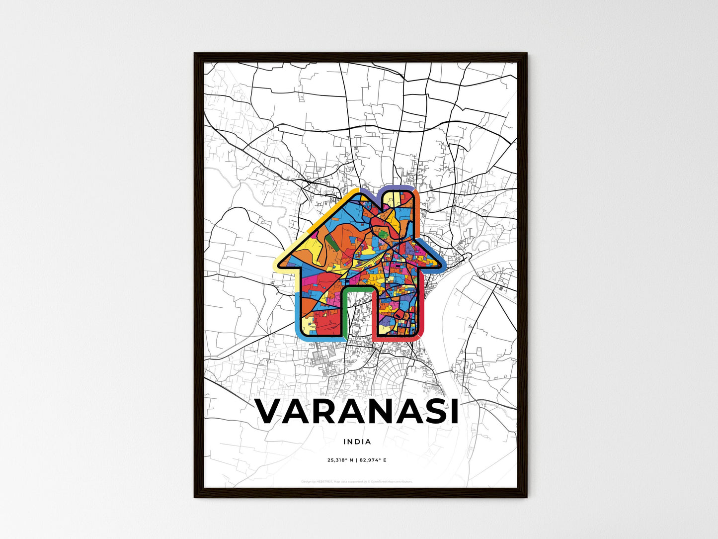 Varanasi India wedding art map with home icon