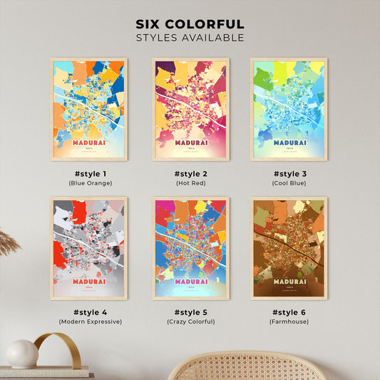 Colorful MADURAI INDIA Fine Art Map Blue Orange