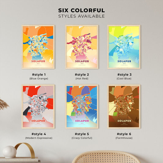 Colorful SOLAPUR INDIA Fine Art Map Blue Orange