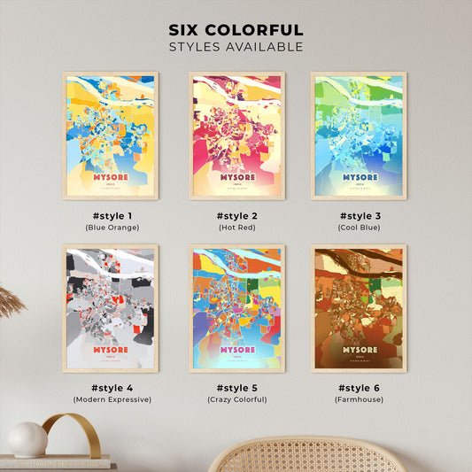 Colorful MYSORE INDIA Fine Art Map Blue Orange