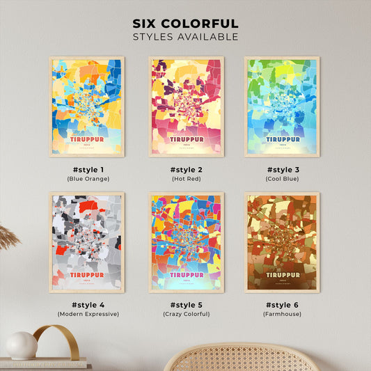 Colorful TIRUPPUR INDIA Fine Art Map Blue Orange