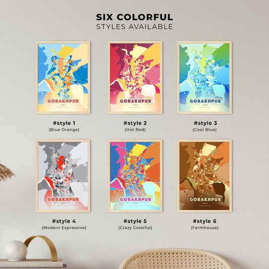 Colorful GORAKHPUR INDIA Fine Art Map Blue Orange