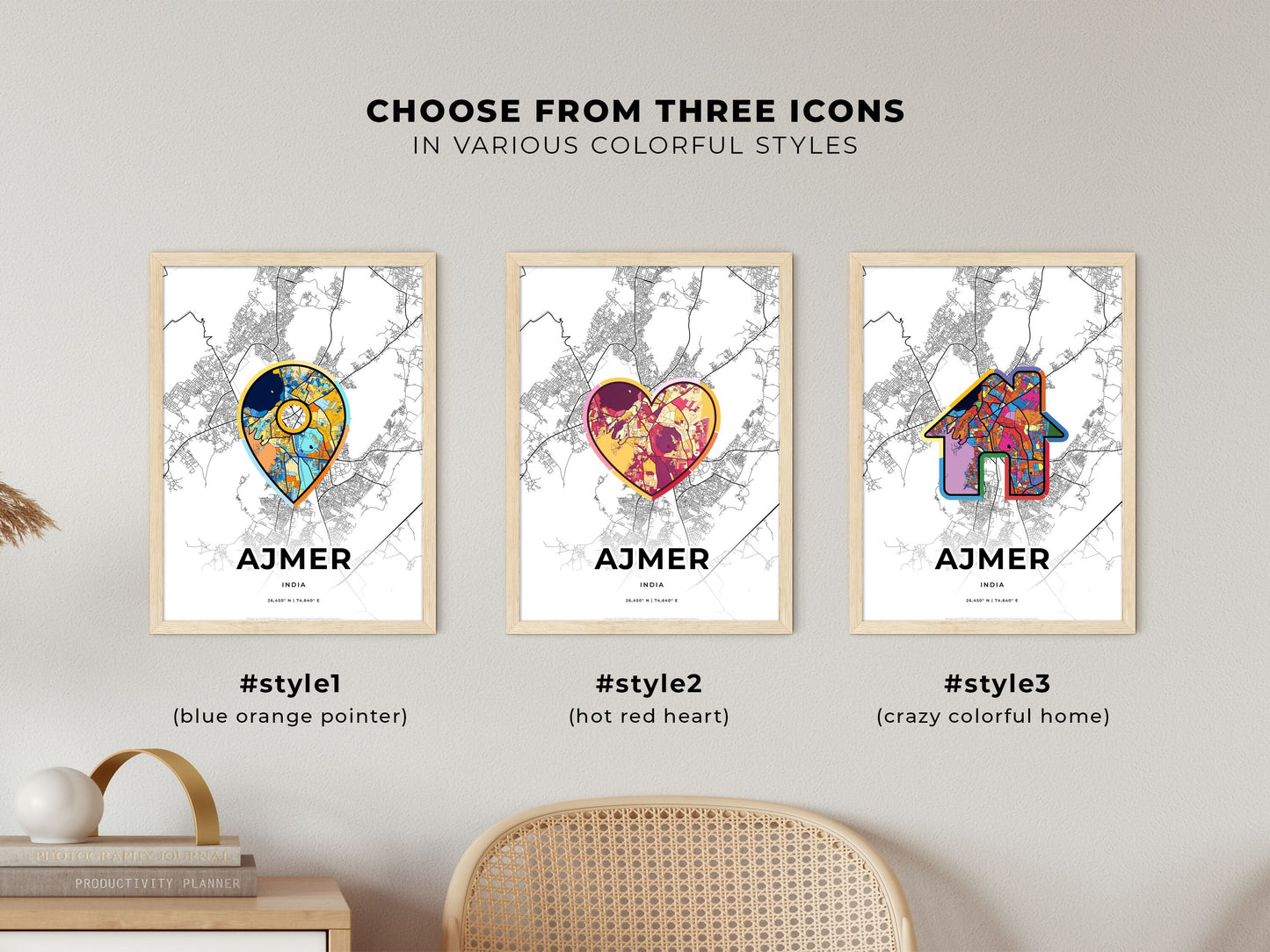 AJMER INDIA minimal art map with a colorful icon. Where it all began, Couple map gift.