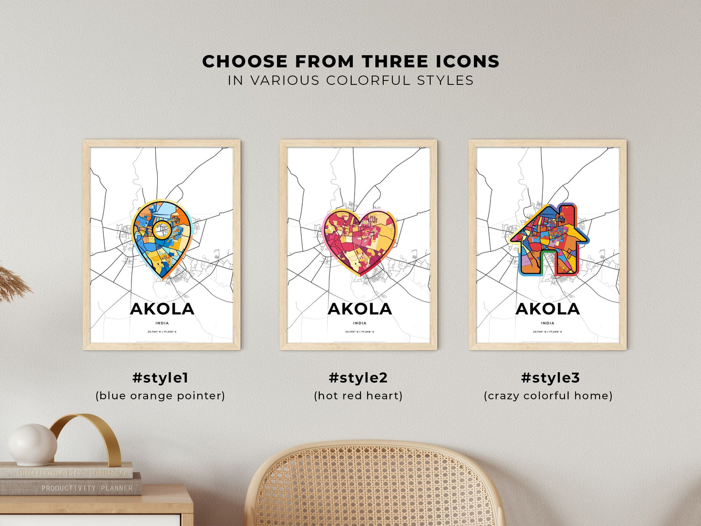 AKOLA INDIA minimal art map with a colorful icon. Where it all began, Couple map gift.