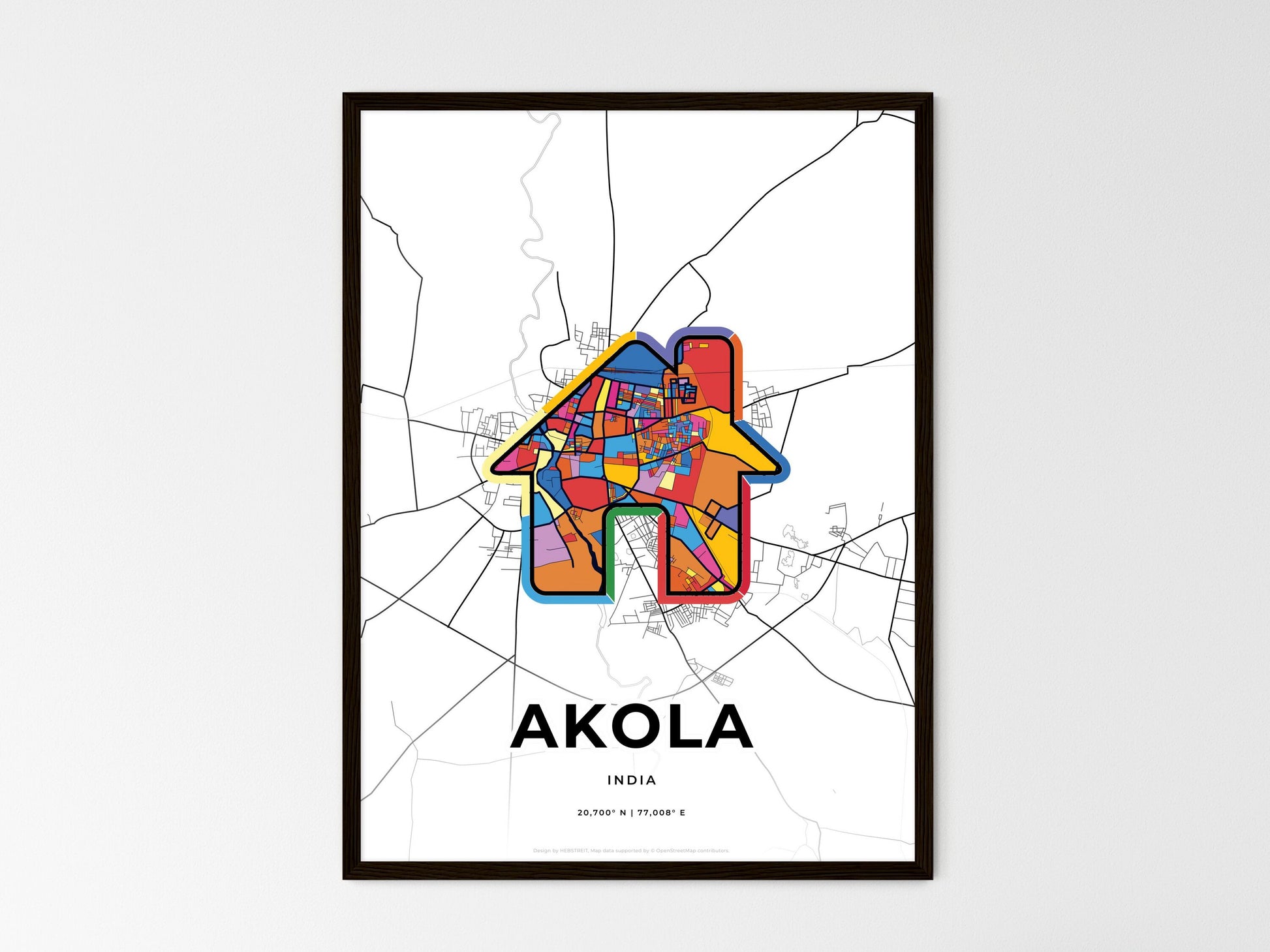 AKOLA INDIA minimal art map with a colorful icon. Where it all began, Couple map gift. Style 3