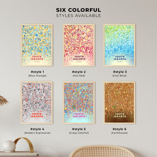 Colorful SOUTH JAKARTA INDONESIA Fine Art Map Blue Orange