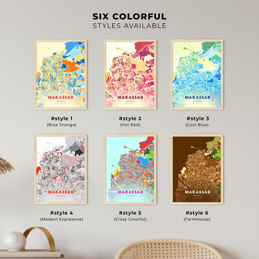 Colorful MAKASSAR INDONESIA Fine Art Map Blue Orange