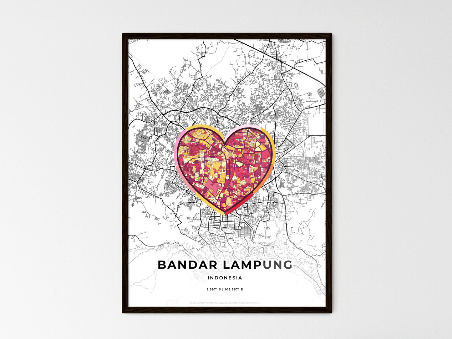 Bandar Lampung Indonesia wedding art map with heart icon