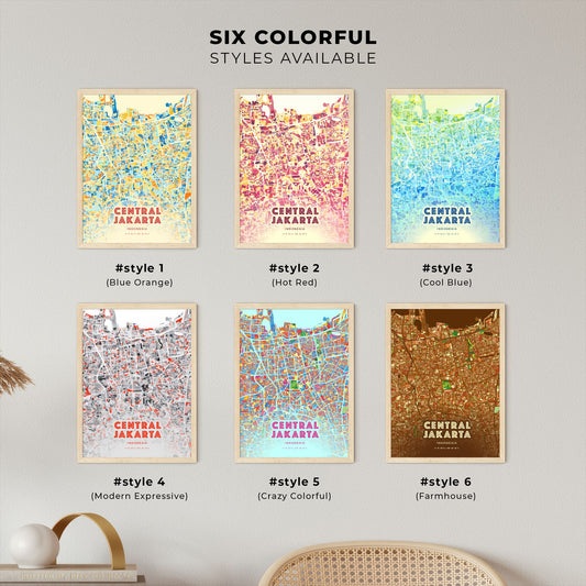 Colorful CENTRAL JAKARTA INDONESIA Fine Art Map Blue Orange