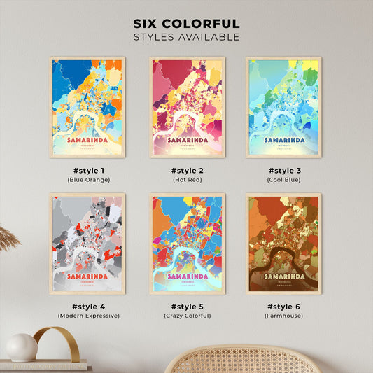 Colorful SAMARINDA INDONESIA Fine Art Map Blue Orange