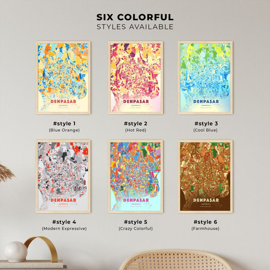 Colorful DENPASAR INDONESIA Fine Art Map Blue Orange