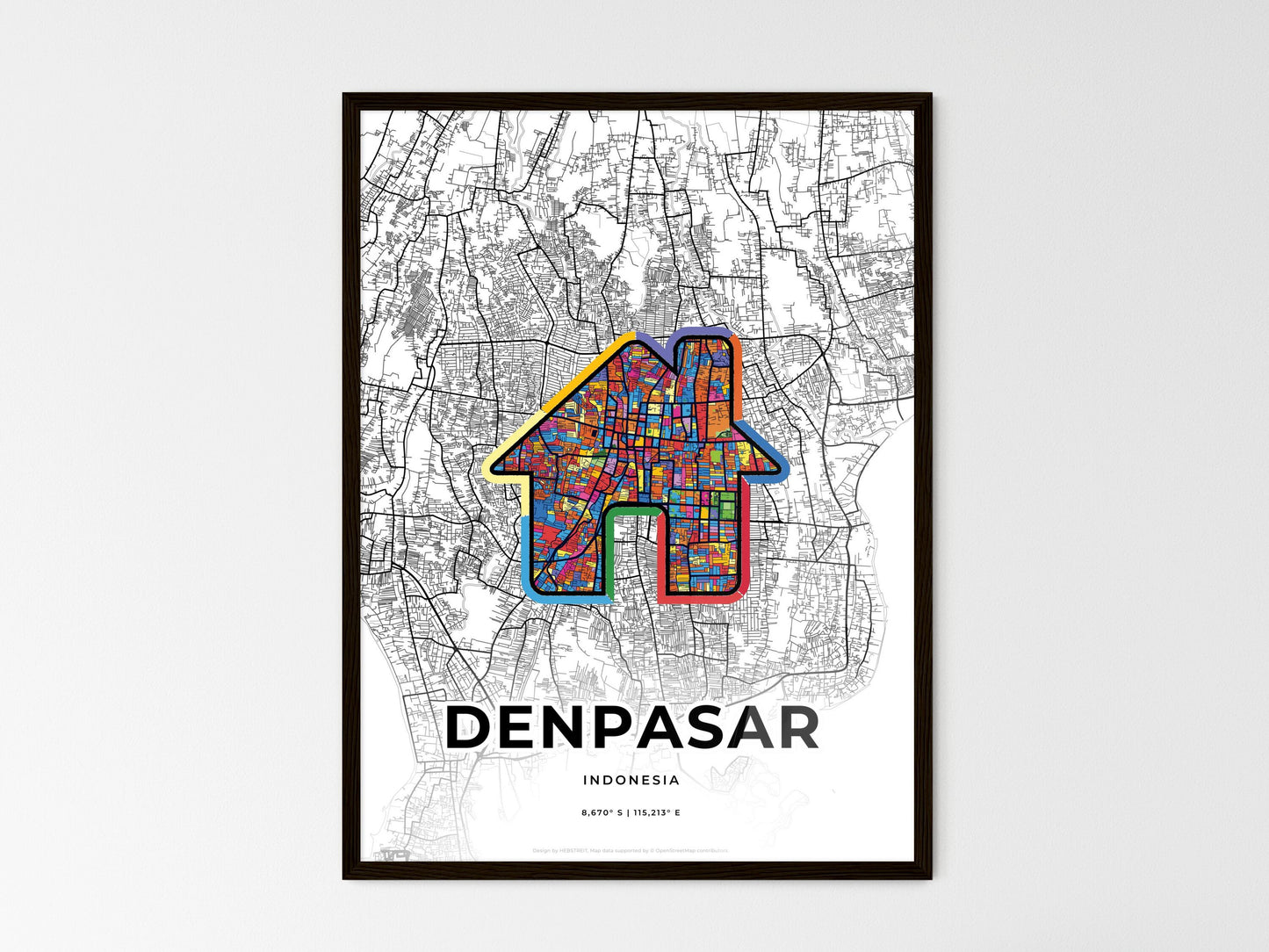 Denpasar Indonesia wedding art map with home icon