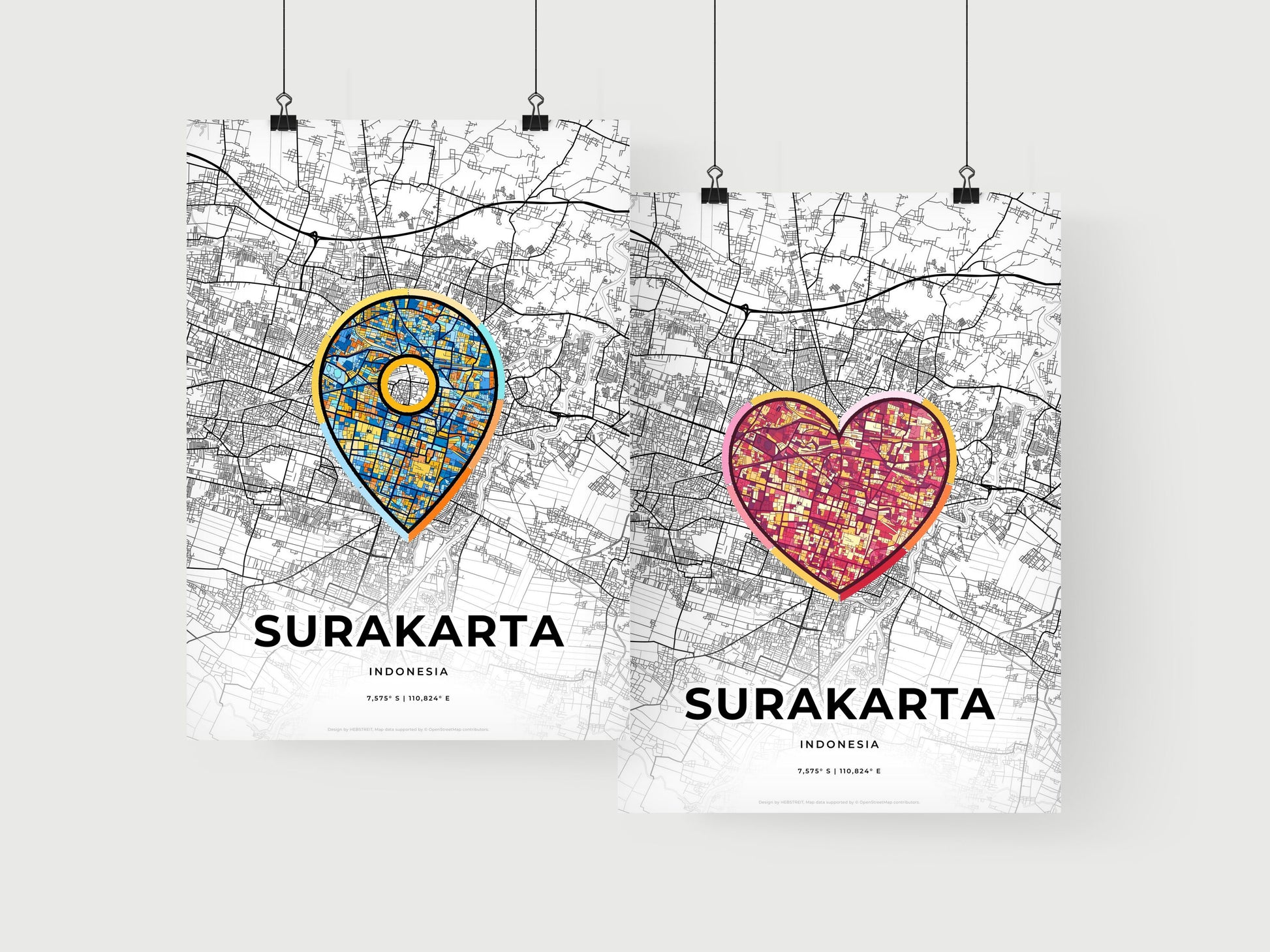 SURAKARTA INDONESIA minimal art map with a colorful icon. Where it all began, Couple map gift.