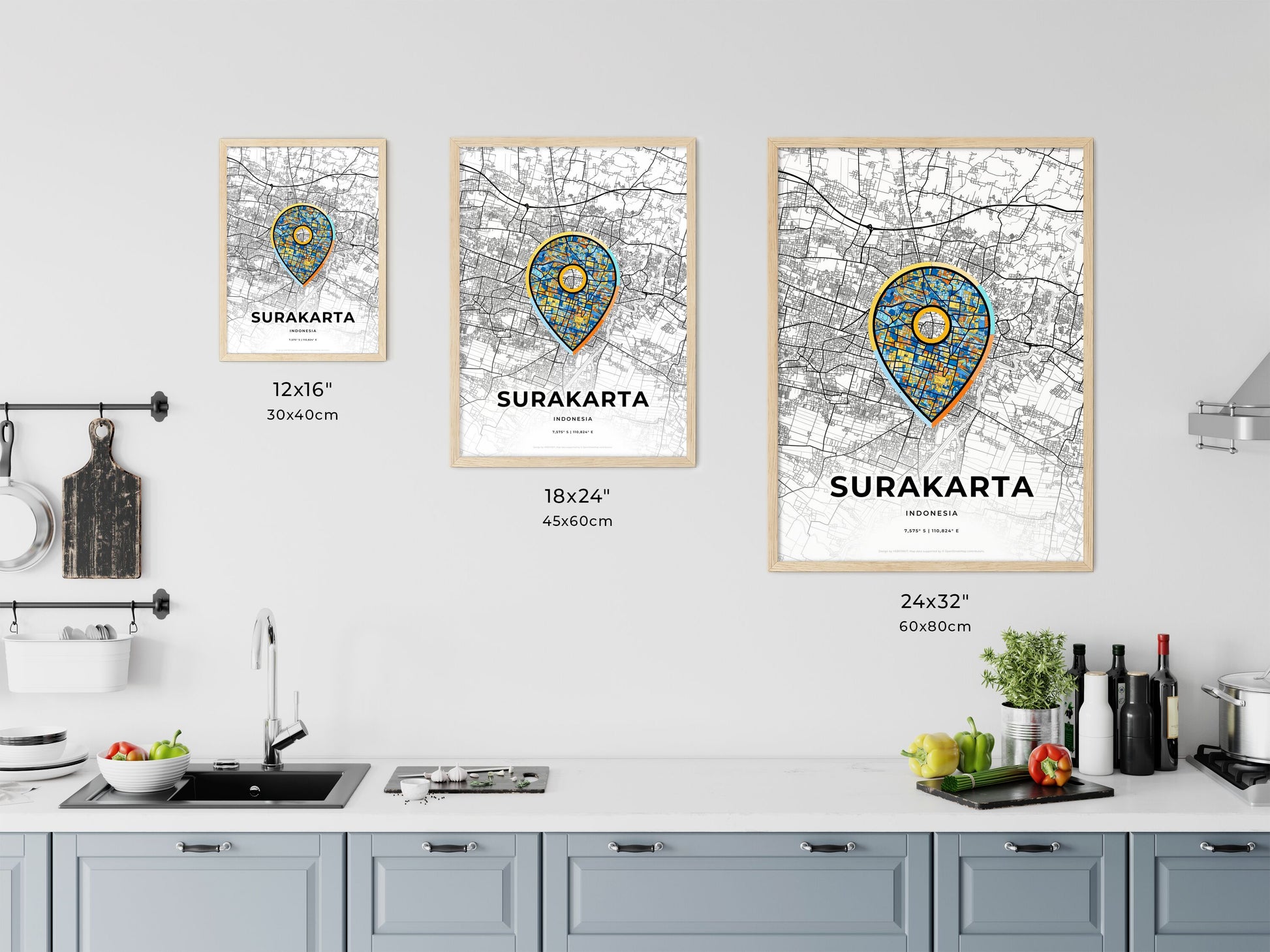 SURAKARTA INDONESIA minimal art map with a colorful icon. Where it all began, Couple map gift.