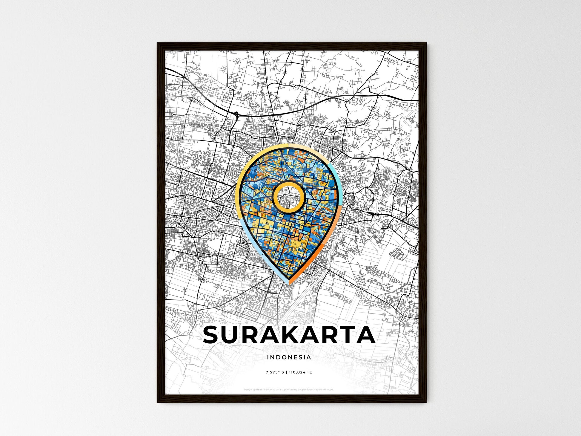 SURAKARTA INDONESIA minimal art map with a colorful icon. Where it all began, Couple map gift. Style 1