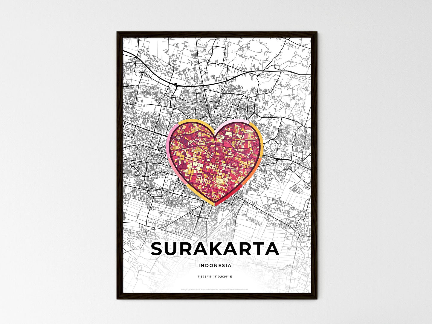 SURAKARTA INDONESIA minimal art map with a colorful icon. Where it all began, Couple map gift. Style 2