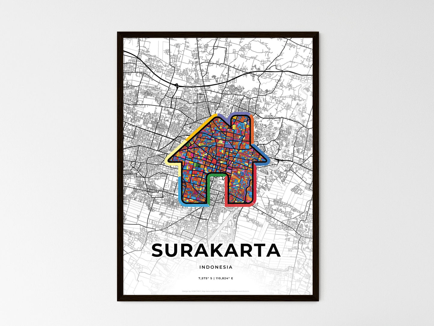 SURAKARTA INDONESIA minimal art map with a colorful icon. Where it all began, Couple map gift. Style 3