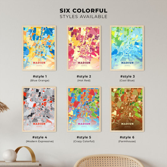 Colorful MADIUN INDONESIA Fine Art Map Blue Orange