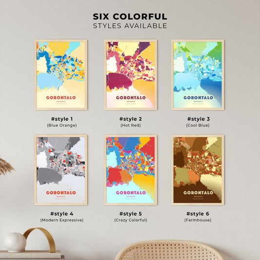 Colorful GORONTALO INDONESIA Fine Art Map Blue Orange