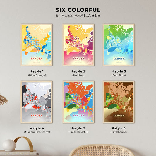 Colorful LANGSA INDONESIA Fine Art Map Blue Orange