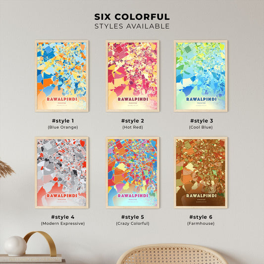 Colorful RAWALPINDI PAKISTAN Fine Art Map Blue Orange
