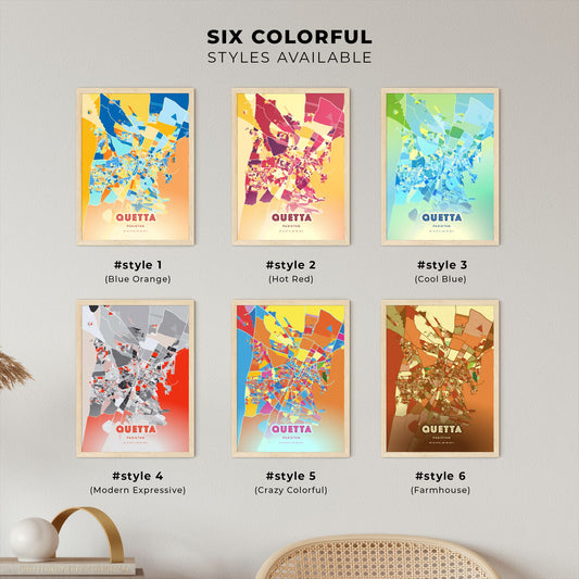 Colorful QUETTA PAKISTAN Fine Art Map Blue Orange