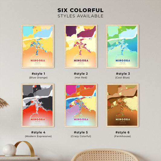 Colorful MINGORA PAKISTAN Fine Art Map Blue Orange