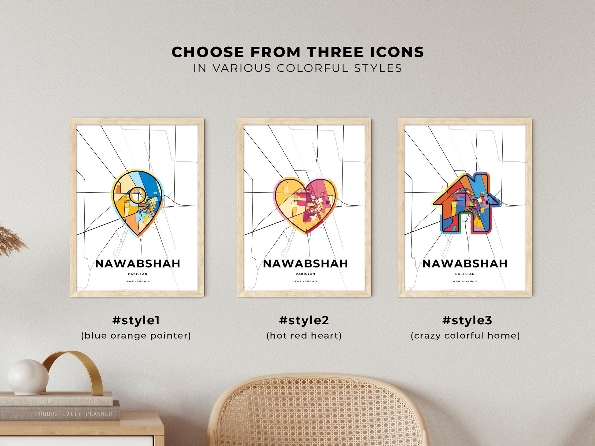 NAWABSHAH PAKISTAN minimal art map with a colorful icon. Where it all began, Couple map gift.